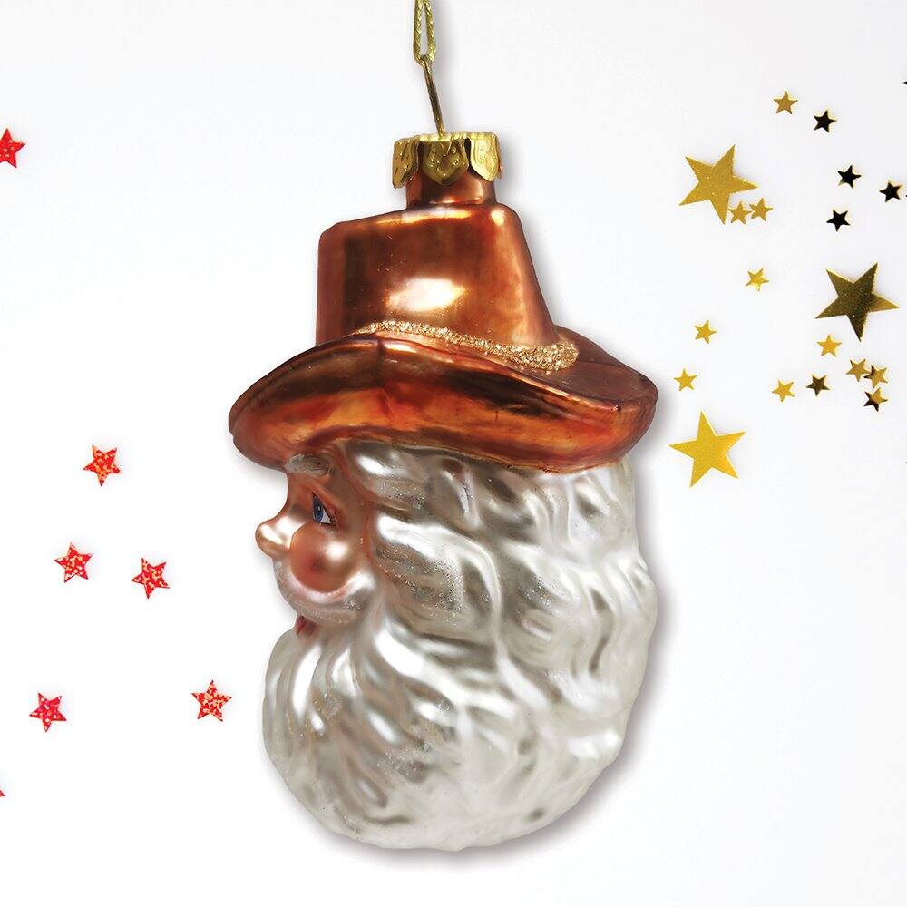 Left. OrnamentallyYou - Western Cowboy Santa Vintage Frontier Glass Christmas Ornament - Multi-colored.