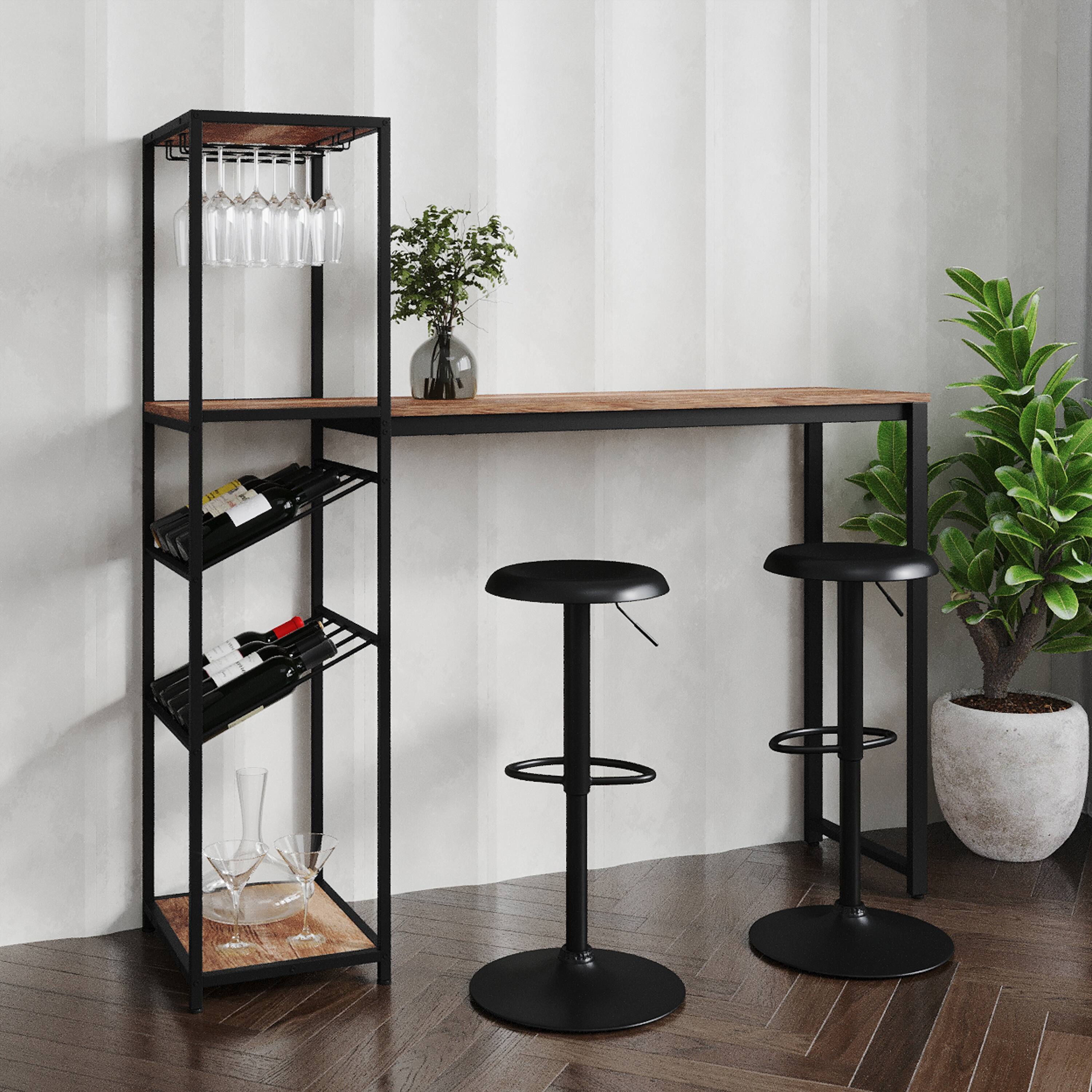 Alt View 3. Emma + Oliver - Modern Freestanding Metal Bar Table with Bottle and Stemware Storage - Light Brown Top/Black Frame.