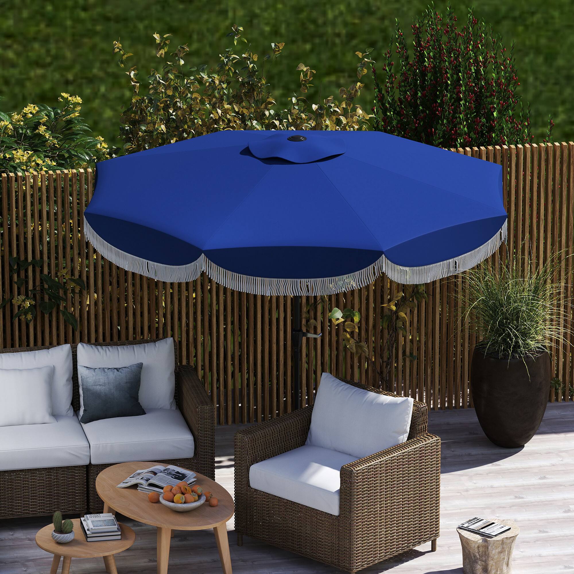Alt View 5. Outsunny - 9FT Patio Umbrella, UPF 30+ Outdoor Market Umbrella with Crank, 8 Ribs, Push Button Tilt, Vented Patio Table Umbrella - Navy Blue.