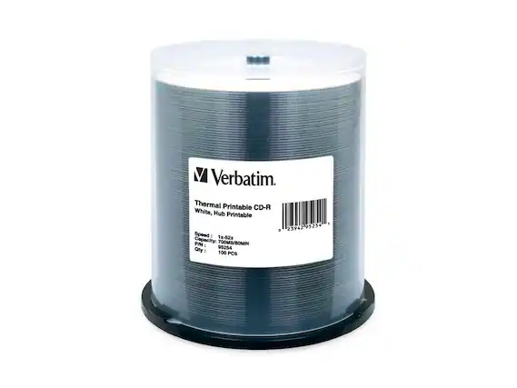 Verbatim. Thermal Printable CD-R White, Hub Printable
Speed: 1x-52x
Capacity: 700MB/80MIN
P/N: 95254
Qty: 100 PCS