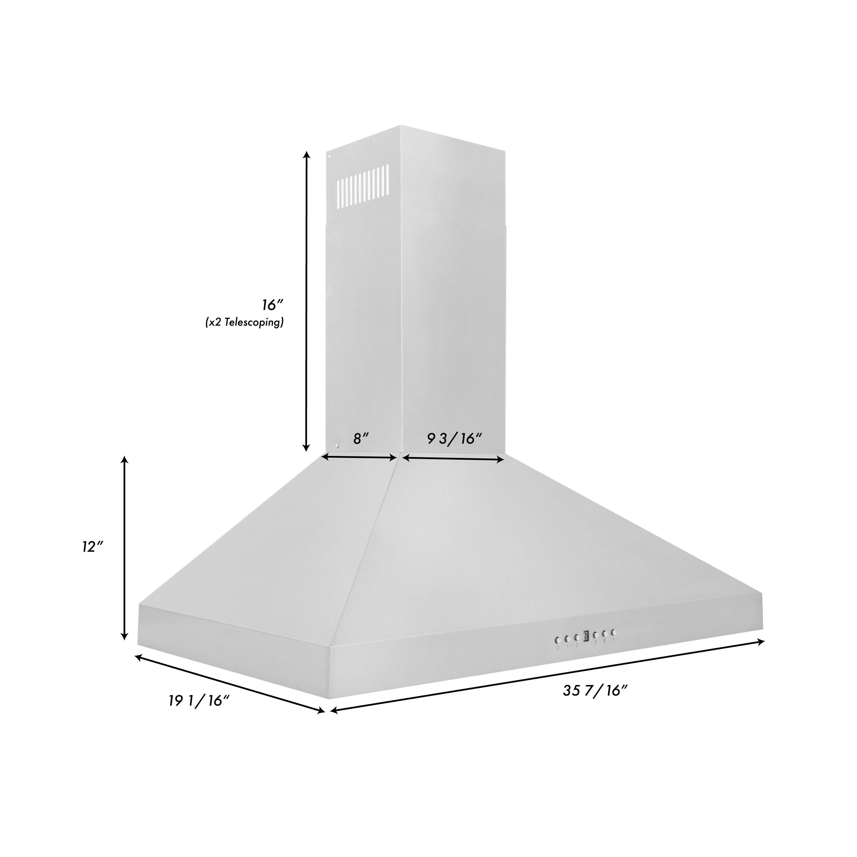 The text on the image is describing the dimensions of a white tower. The dimensions are: 16 inches (x2 telescoping) 8 inches 93/16 inches 12 inches c3ece 19 1/16 inches 16 inches 35 357/16 inches T.