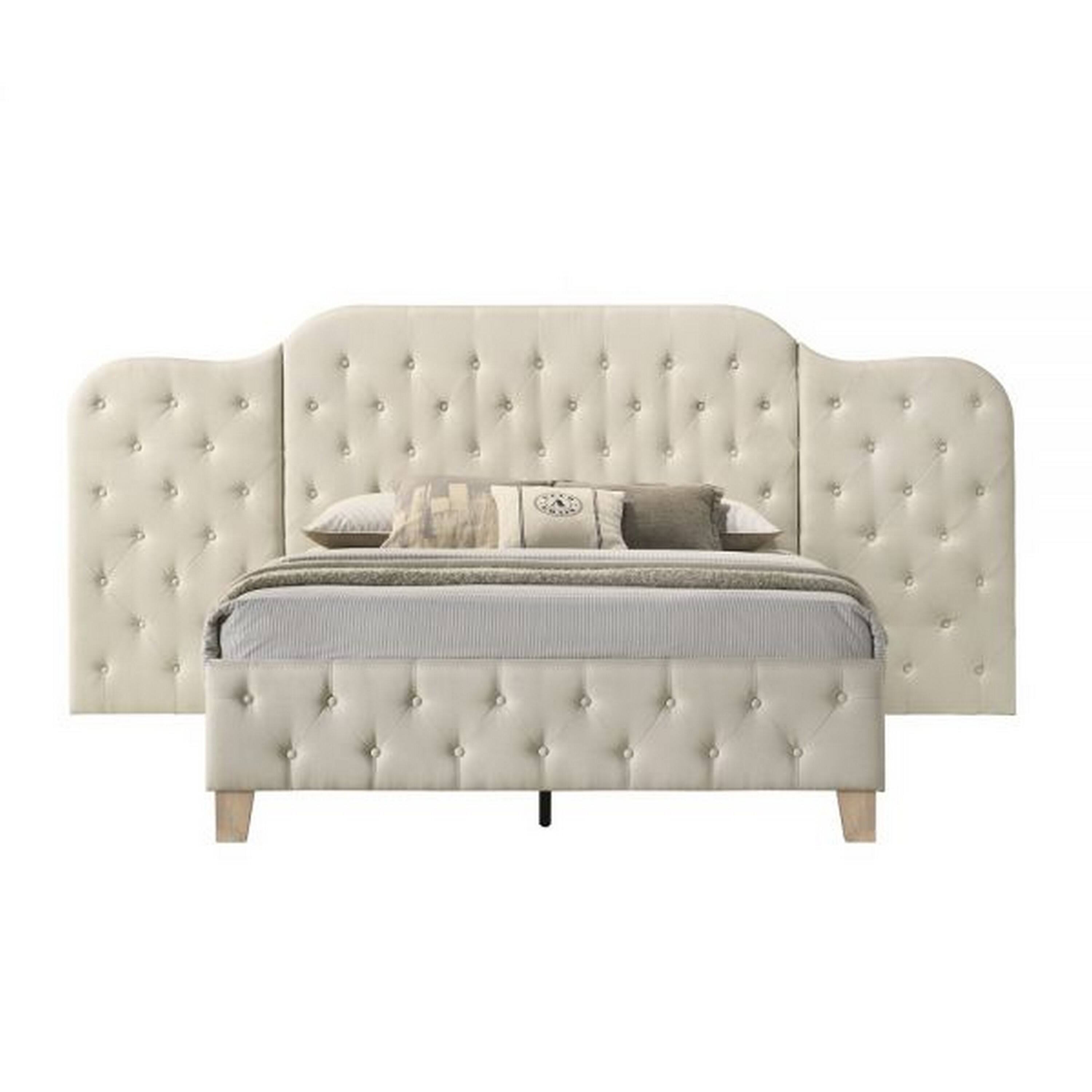 Alt View 1. Manhattan Lane - Ronny Inch Queen Size Bed, Wall Headboard, Beige Linen Tufted Upholstery - Beige, Brown.
