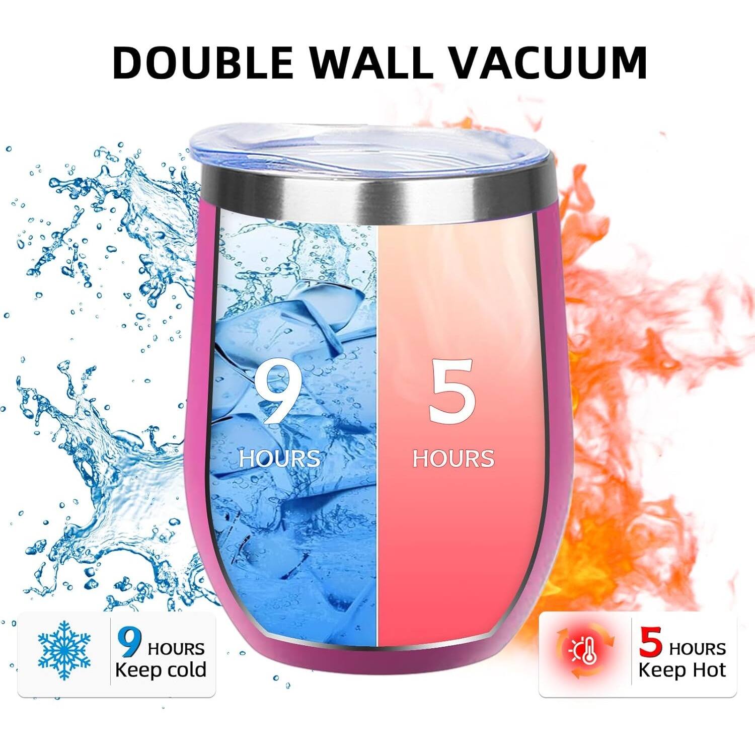 The corrected text is:

"Double Wall Vacuum
9 Hours Keep Cold
5 Hours Keep Hot"