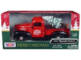1941 Plymouth Pickup Truck "Merry Christmas" with Tree Accessory 1/24 Diecast Model Car by Motormax - Red And Black