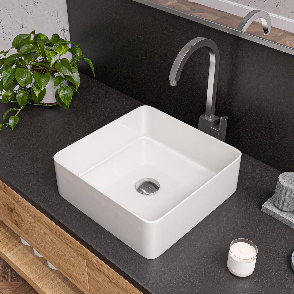 Angle. Alfi - White 16" Modern Square Above Mount Ceramic Sink - White.
