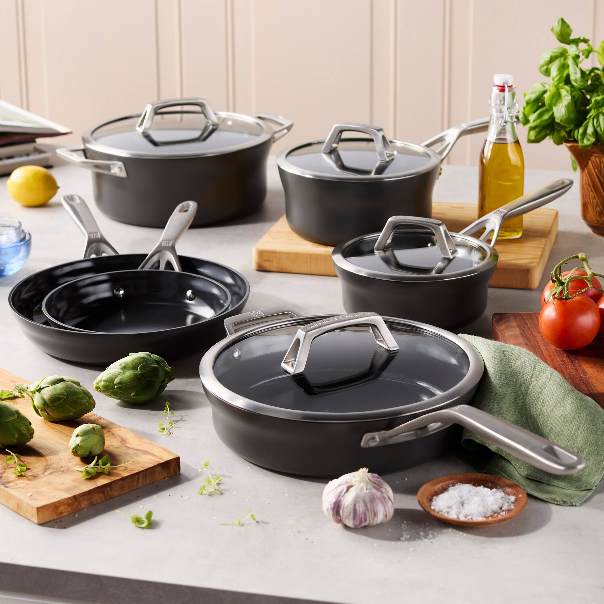 Alt View 1. ZWILLING - ZWILLING Motion Ceramic Hard Anodized 10-pc Aluminum Nonstick Cookware Set - Black.