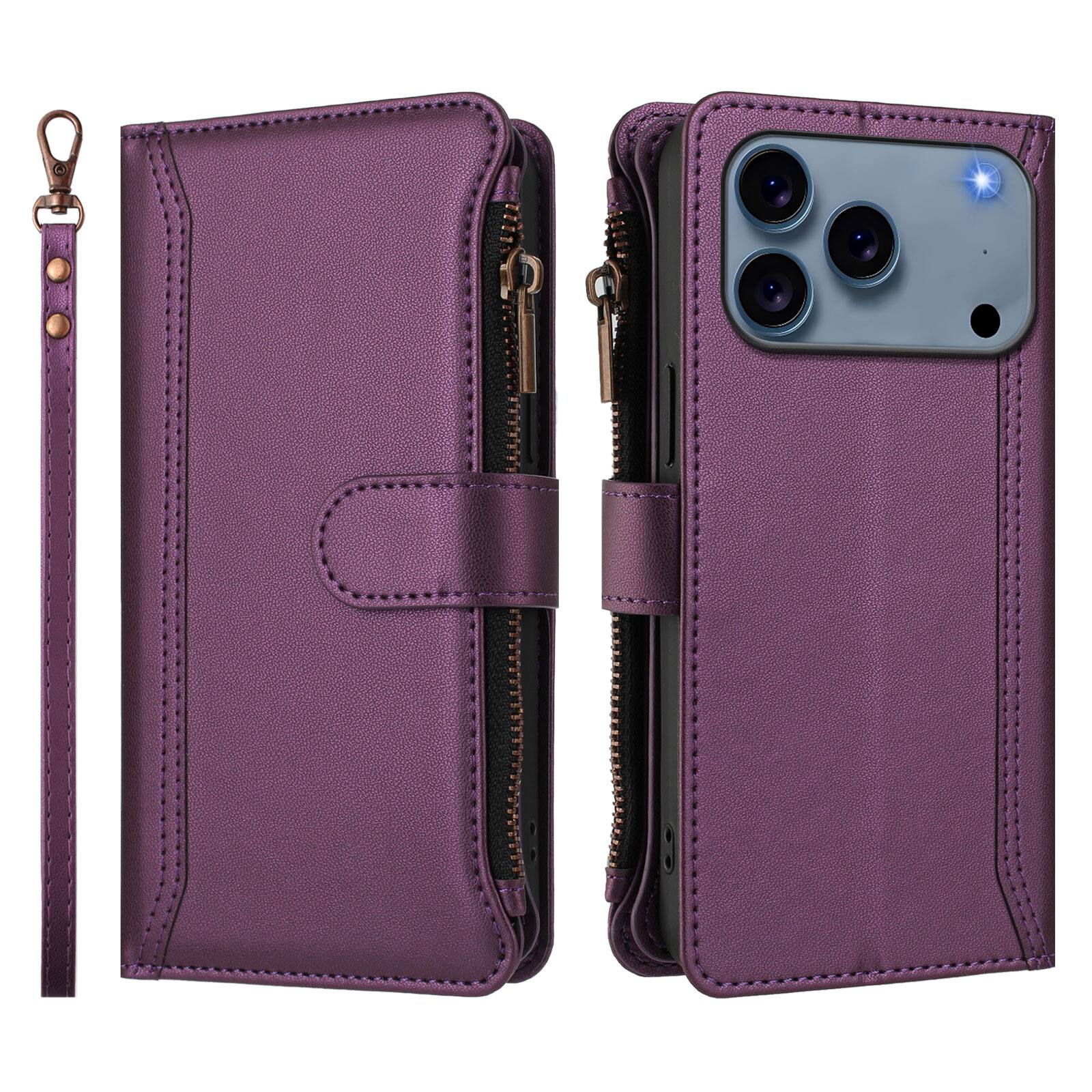 Angle. UUCOVER - Wallet Case for Apple iPhone 17 Pro with Zipper Pocket, Cash Card Slots, Wrist and Shoulder Strap, Flip Kickstand Cover - Darkpurple.