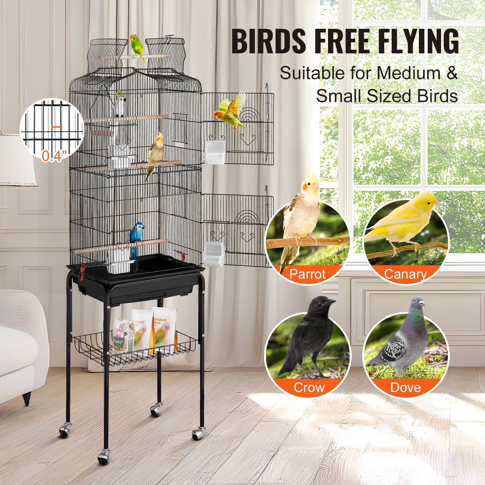 BIRDS FREE FLYING  
Suitable for Medium & Small Sized Birds  

0.4"  

Parrot  
Canary  
Crow  
Dove