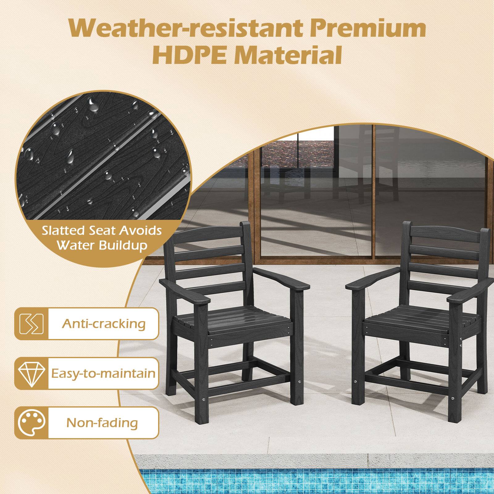 Weather-resistant Premium HDPE Material

Slatted Seat Avoids Water Buildup

- Anti-cracking
- Easy-to-maintain
- Non-fading
