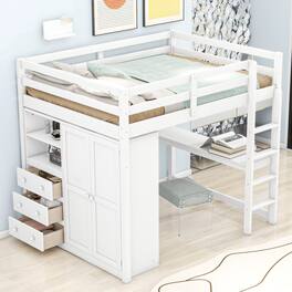 Whisen - Full Size Loft Bed with Wardrobe, Desk, Storage Shelves and Drawers, Wood Bedroom Furniture - White