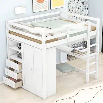 Front. Whisen - Full Size Loft Bed with Wardrobe, Desk, Storage Shelves and Drawers, Wood Bedroom Furniture - White.