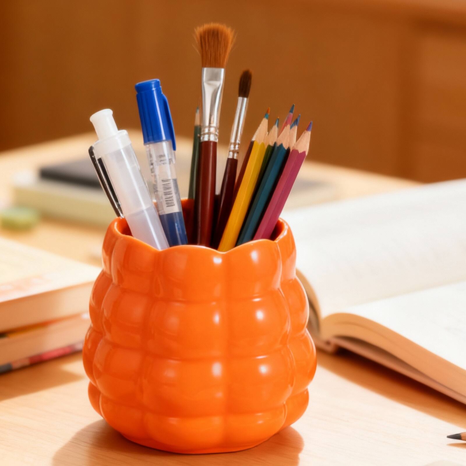 Alt View 6. Unique Bargains - Ceramic Makeup Brush Holder, Round Desktop Pen Holder for Makeup Brushes, Forks and Pencils - For Vanity Bathrooms - Yellow.