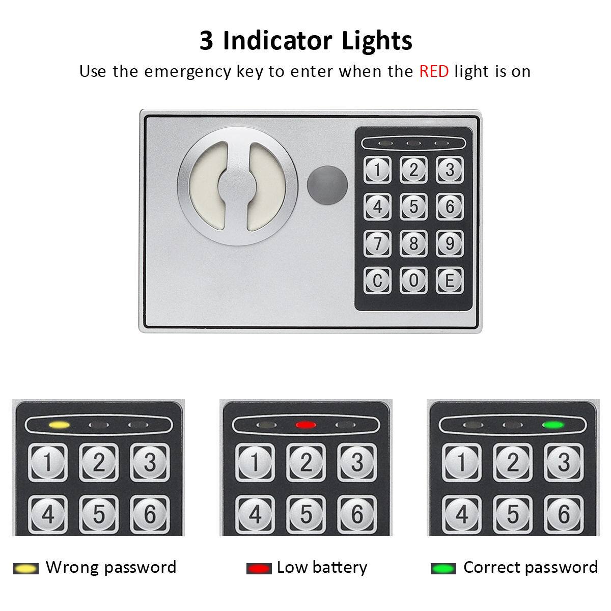 3 Indicator Lights  
Use the emergency key to enter when the RED light is on  

- Yellow light: Wrong password  
- Red light: Low battery  
- Green light: Correct password