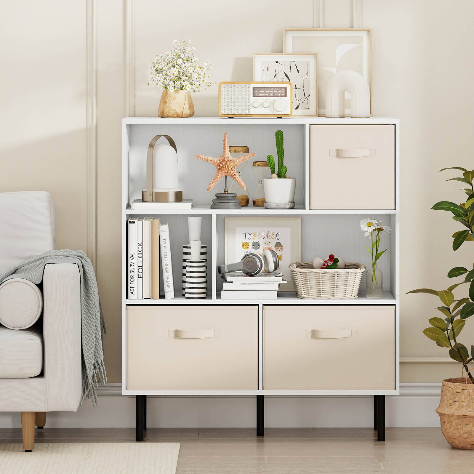 Sure, here is the corrected and grouped text from the image:

---

**Top Shelf:**
- "SURVIVAL"
- "POLLOCK"
- "ART CENTENNIAL"
- "PENN IRVING"
- "Together"

**Middle Shelf:**
- "ART FOR SURVIVAL"
- "POLLOCK"
- "IMPERIAL CINEMA"

**Bottom Shelf:**
- "Together"

---