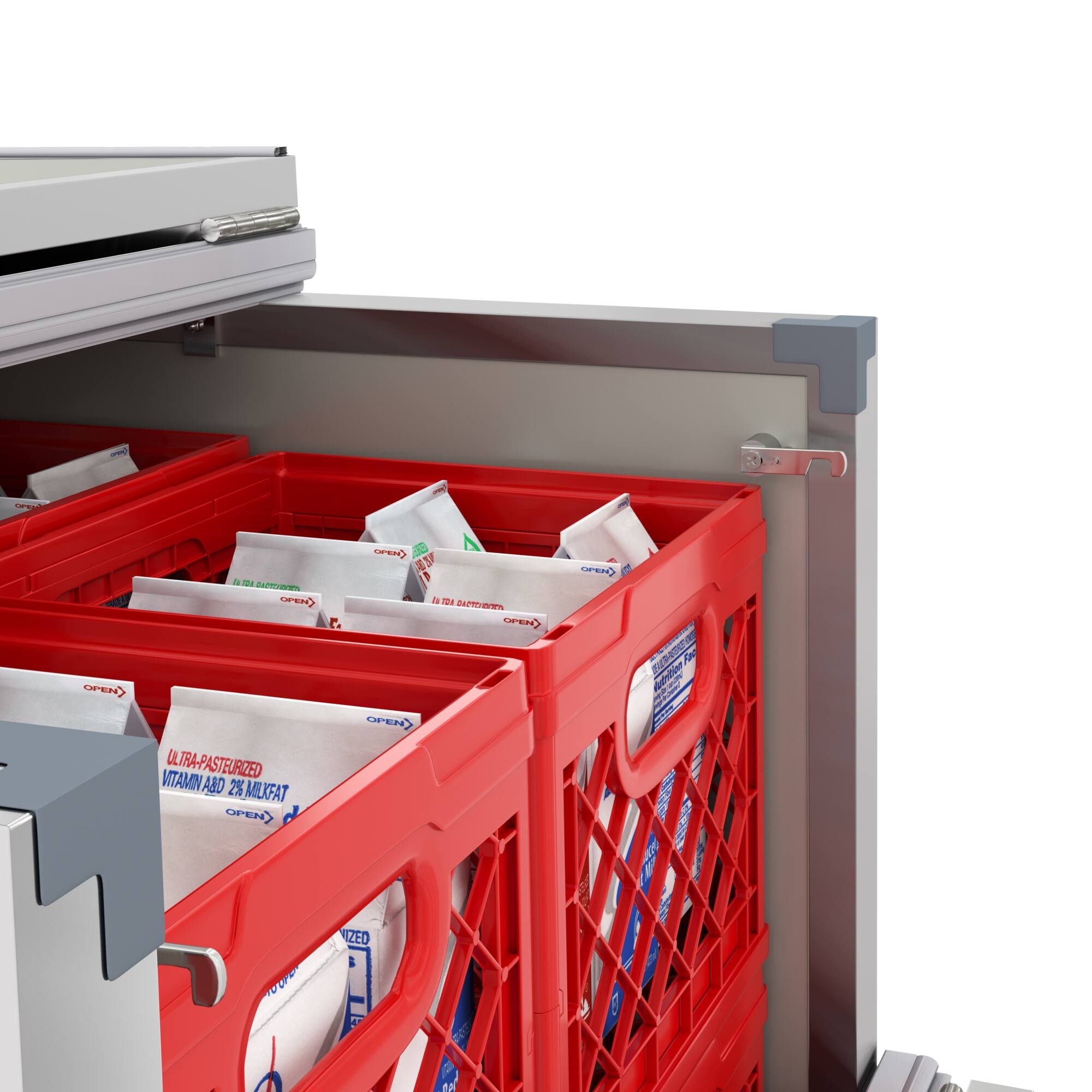 The image shows a red plastic container filled with vitamin-enriched milk. The container is placed inside a refrigerator, which is open. The milk is ultra-pasteurized and has a 2% milkfat content. The container is filled with milk cartons, and the refrigerator is stocked with these cartons.