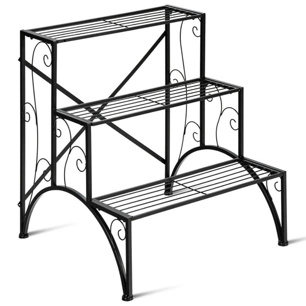 Angle. Kadyn - Raised Planter Stand, Large Space Flower Rack Shelf,3-Tier Metal Plant Rack Garden Shelf in Stair Style.