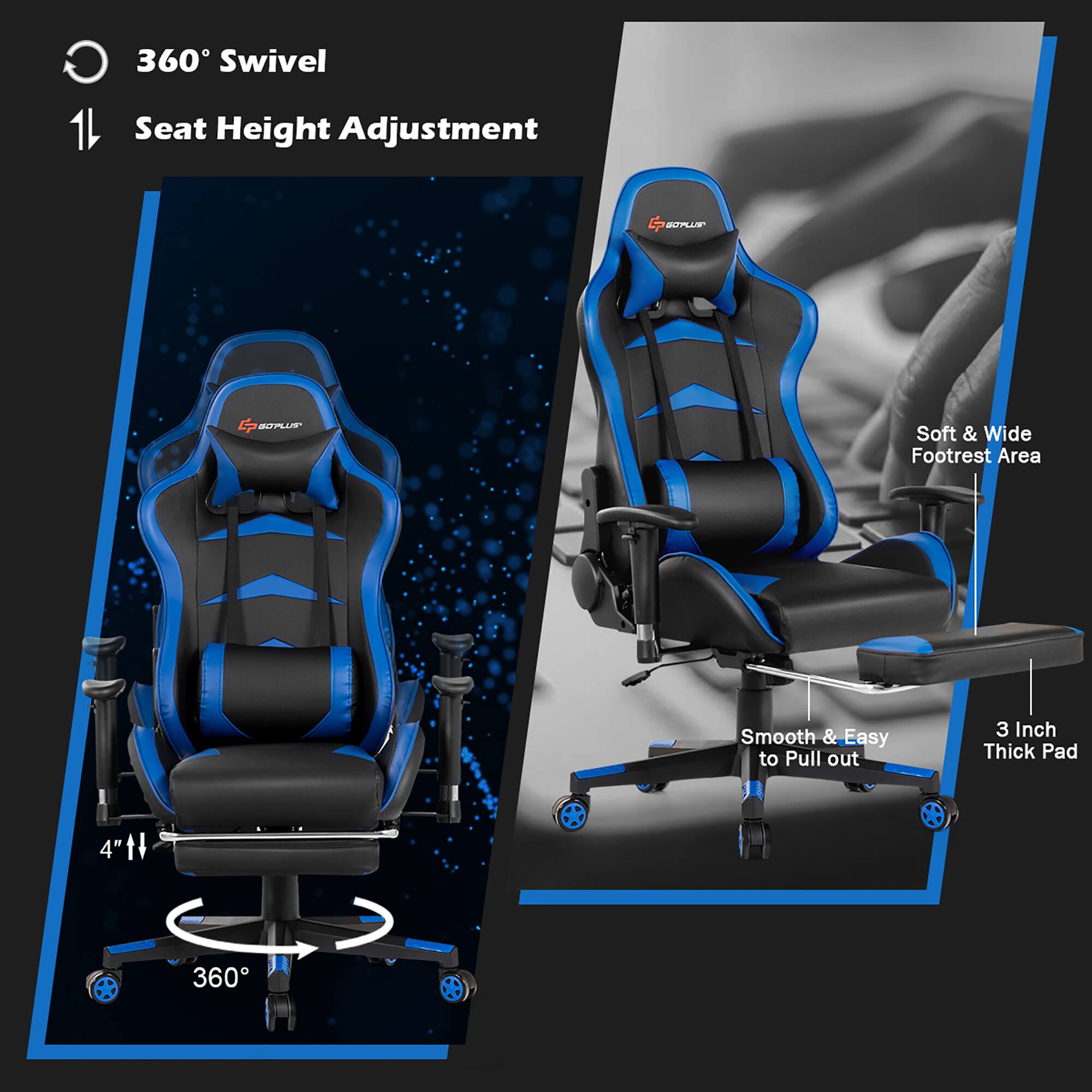 The text on the image reads: "360 Swivel Seat Height Adjustment 1 Seat Height Adjustment."