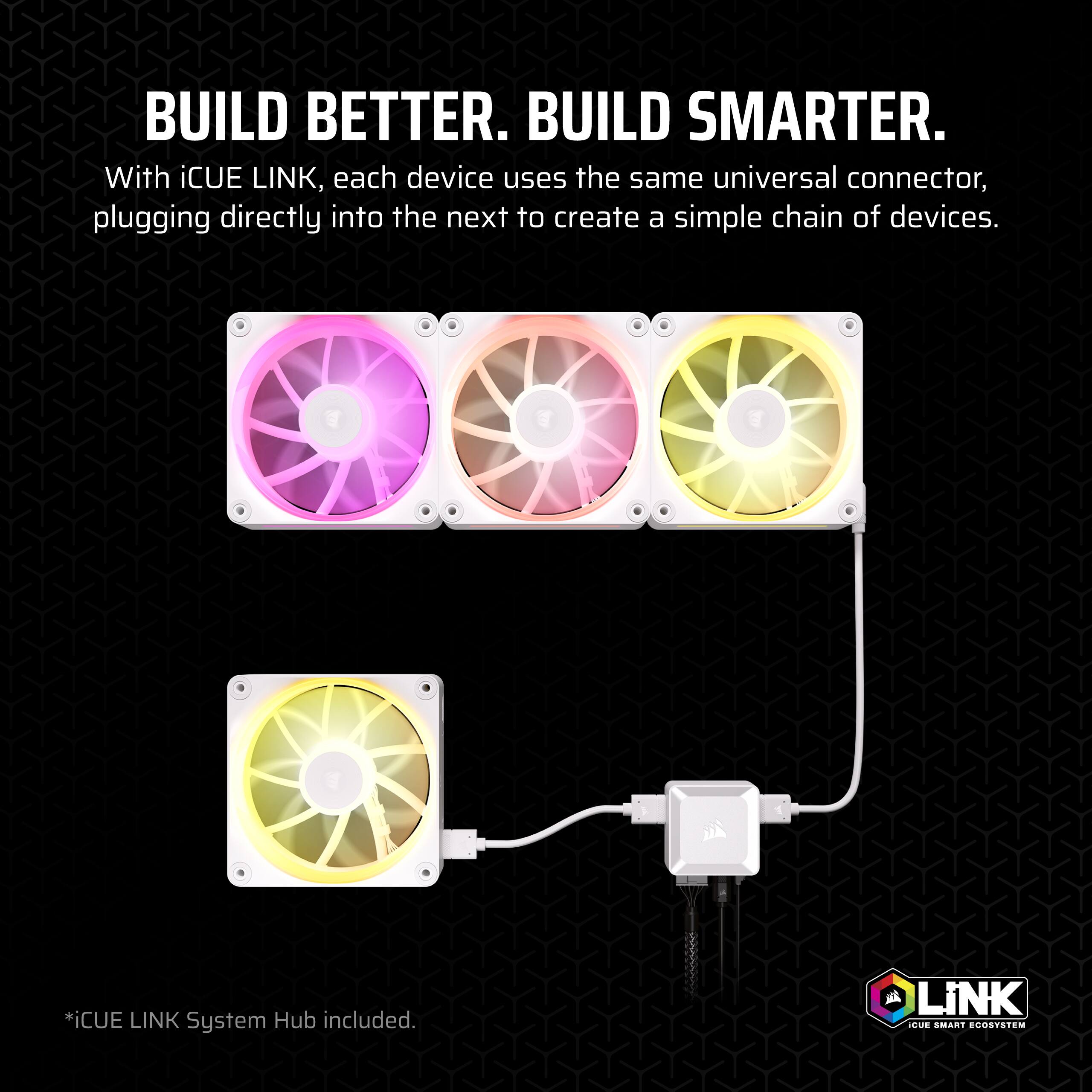 Build Better. Build Smarter. With iCUE Link, each device uses the same universal connector, plugging directly into the next to create a simple chain of devices. *iCUE Link System Hub included.