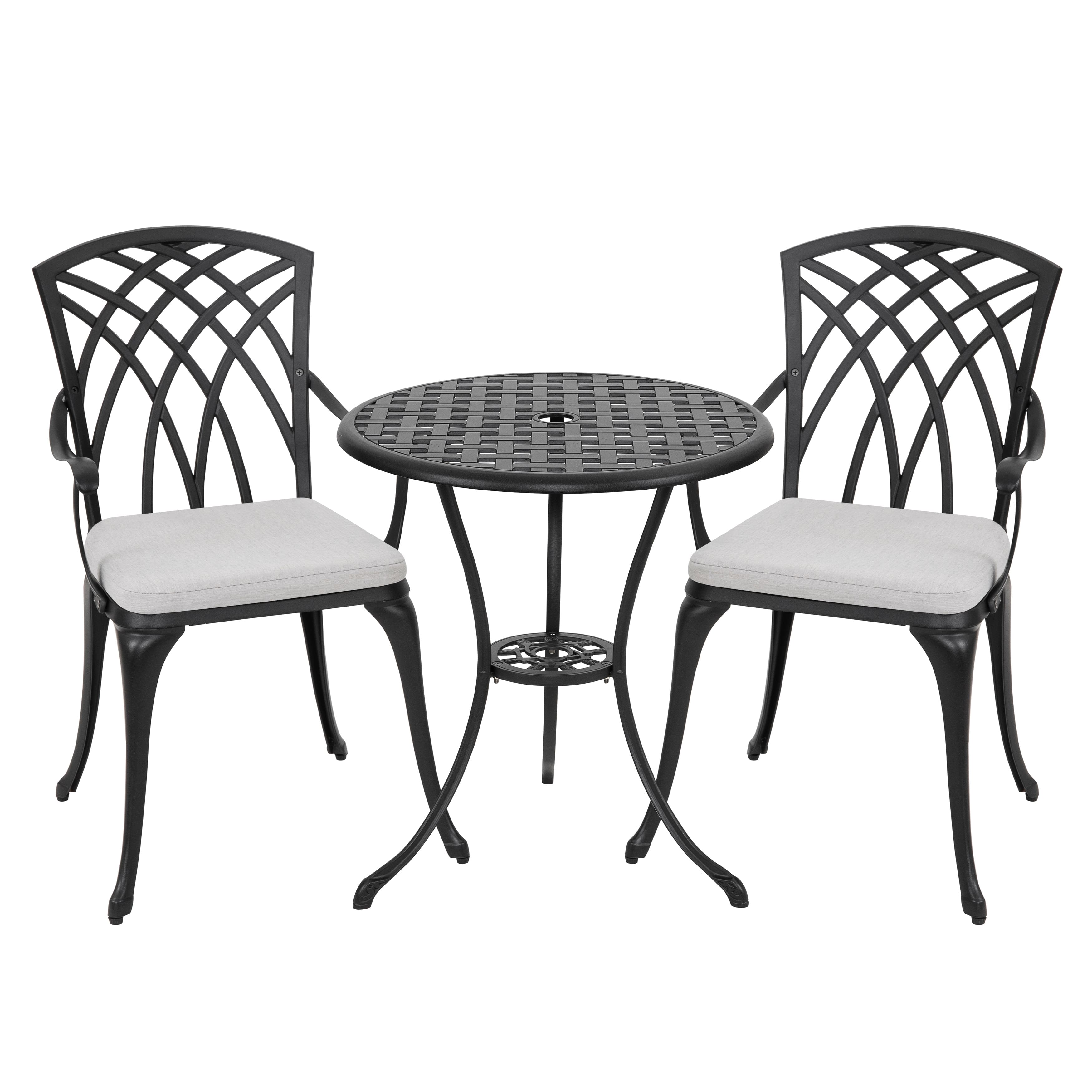 Nuu Garden - 24 Inch Cast Aluminum Bistro Table and 2 Bistro Chairs with Grey Cushions - Black price history on PriceWatchPro