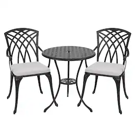 Nuu Garden - 24 Inch Cast Aluminum Bistro Table with Umbrella Hole and 2 Bistro Chairs - Black and Gray