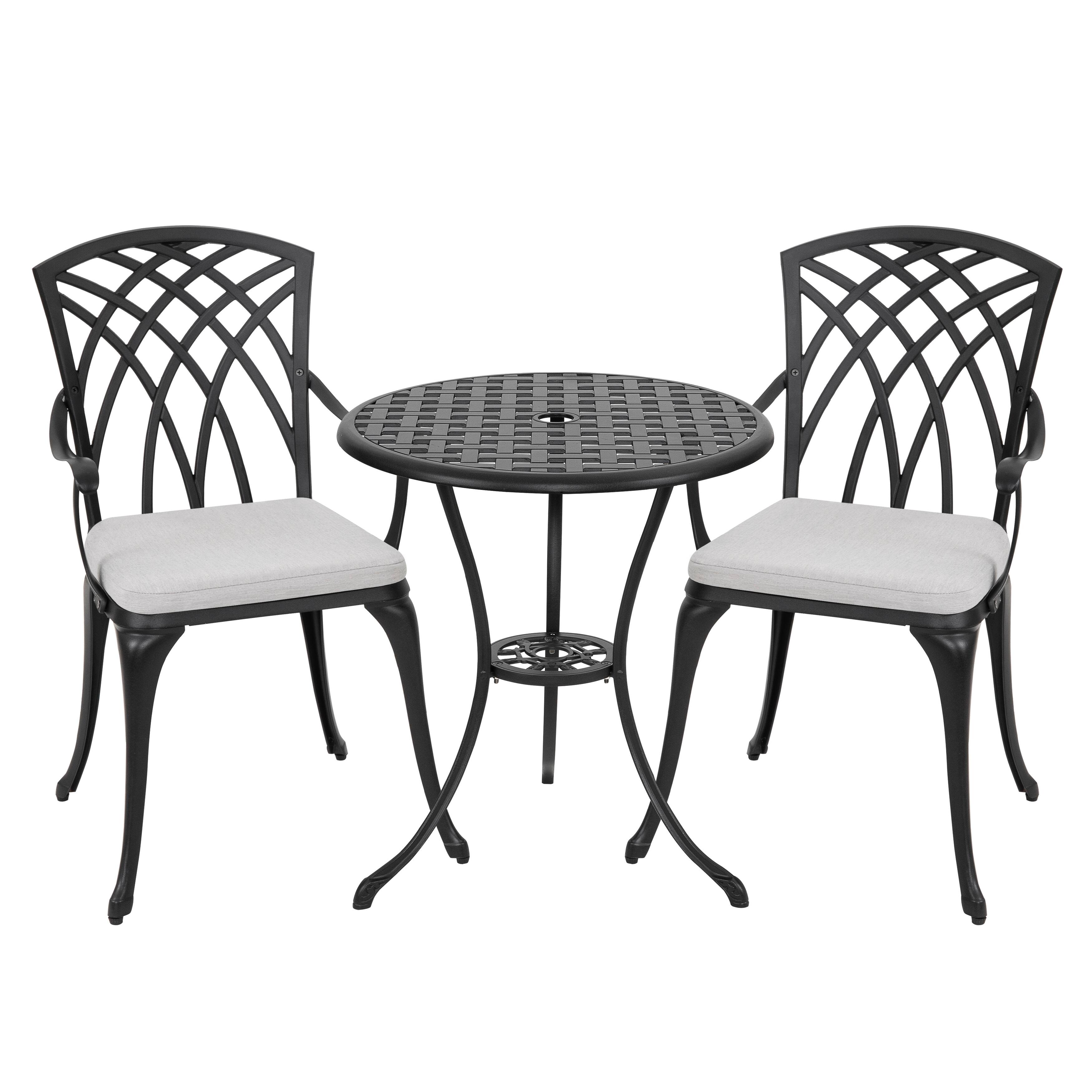 Front. Nuu Garden - 24 Inch Cast Aluminum Bistro Table and 2 Bistro Chairs with Grey Cushions - Black.