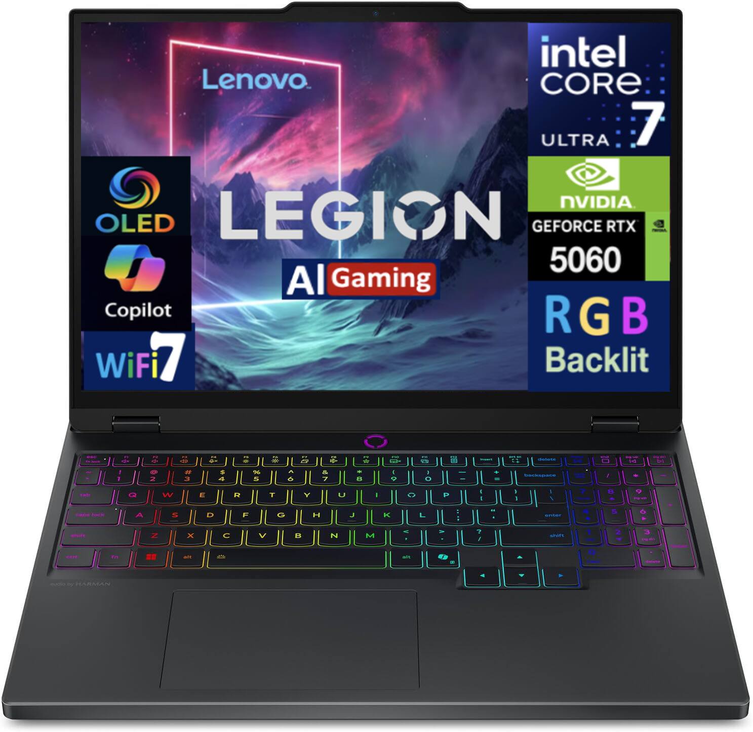 Sure, here is the corrected and grouped text from the image:

- **Lenovo LEGION**
- **AI Gaming**
- **intel CORE 7 ULTRA**
- **NVIDIA GEFORCE RTX 5060**
- **OLED**
- **Copilot**
- **WiFi 7**
- **RGB Backlit**