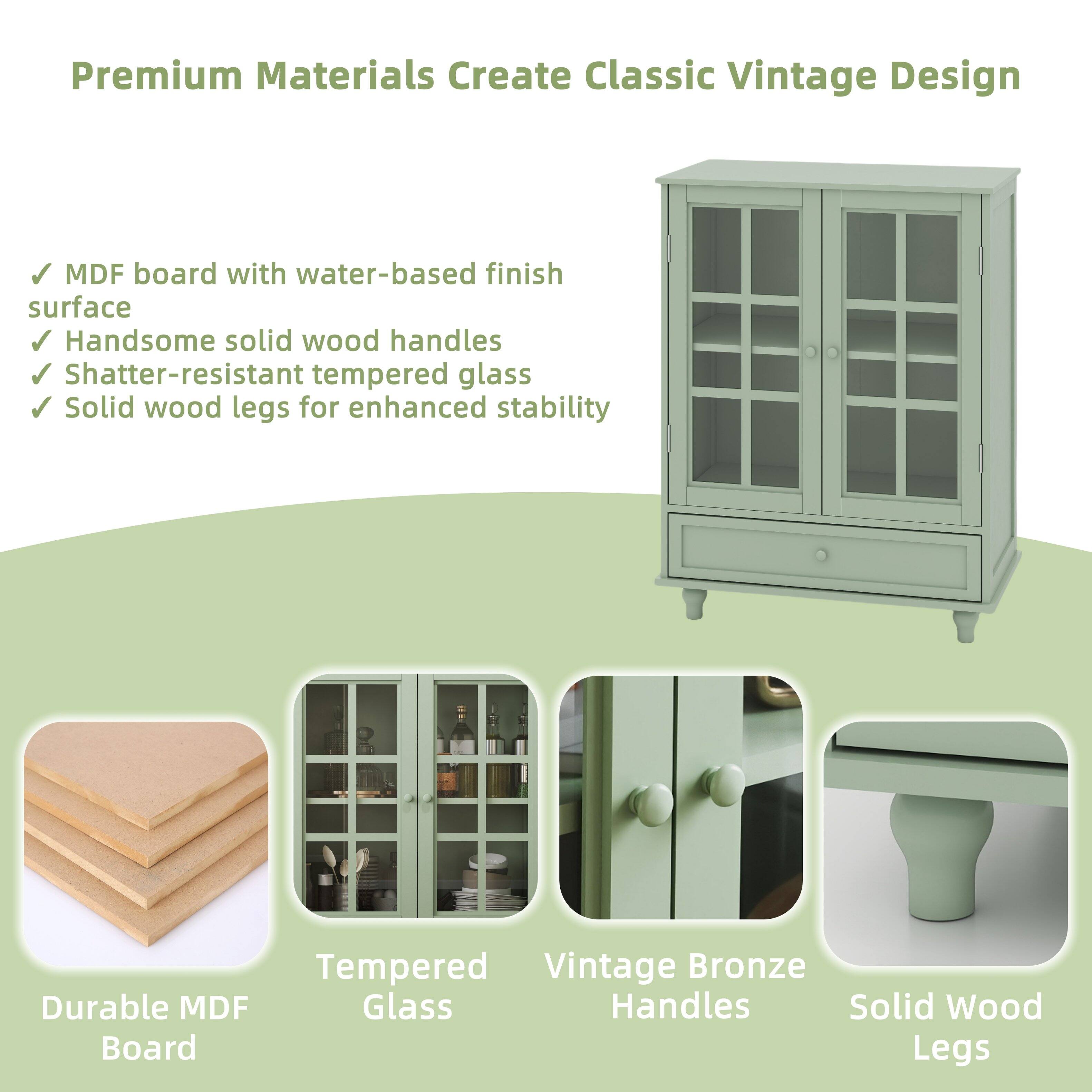 Premium Materials Create Classic Vintage Design

- MDF board with water-based finish surface
- Handsome solid wood handles
- Shatter-resistant tempered glass
- Solid wood legs for enhanced stability

Durable MDF Board

Tempered Glass

Vintage Bronze Handles

Solid Wood Legs