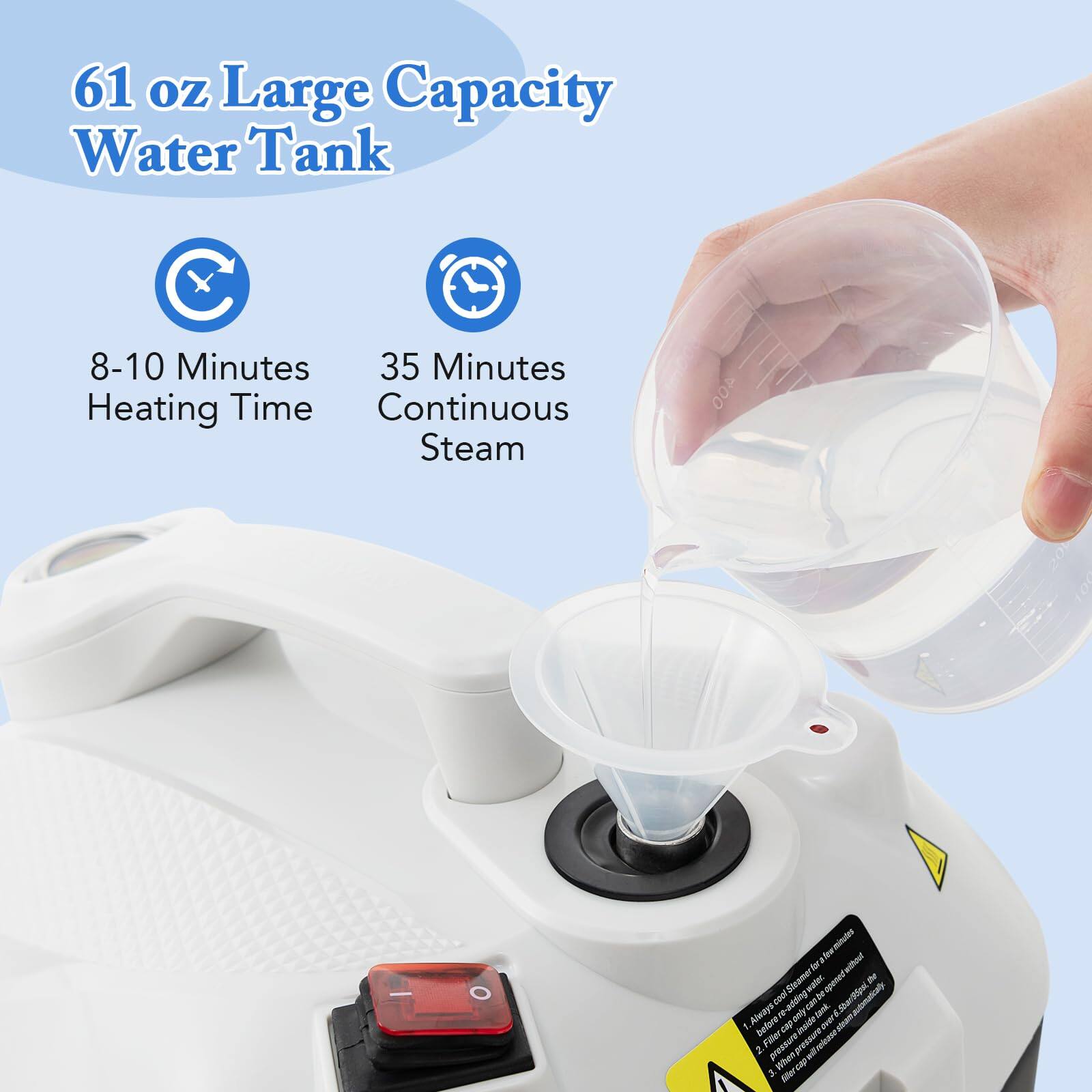61 oz Large Capacity Water Tank, 8-10 Minutes Heating Time, 35 Minutes Continuous Steam