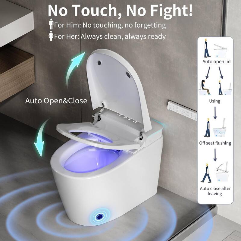 No Touch, No Fight!

For Him: No touching, no forgetting  
For Her: Always clean, always ready

Auto Open&Close

Auto open lid  
Using  
Off seat flushing  
Auto close after leaving