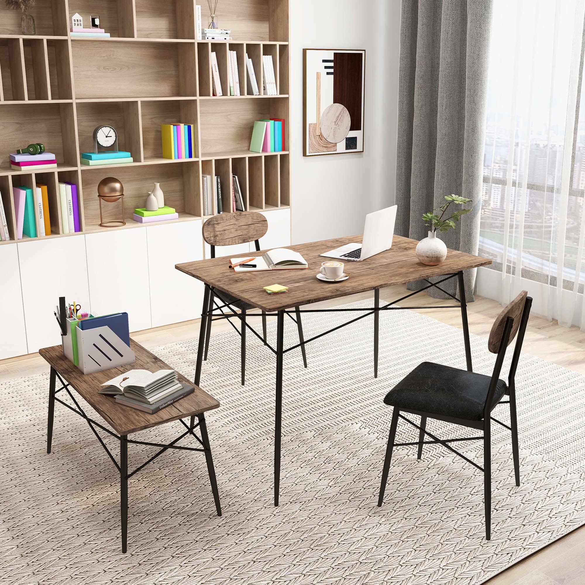 Alt View 15. Costway - 4 Piece Dining Table Set with Bench & 2 Faux Leather Upholstered Chairs for Kitchen - Rustic Brown.