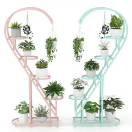 Costway - 5 Tier Metal Plant Stand Heart-shaped Shelf with Hanging Hook for Multiple Plants - Pink + Blue