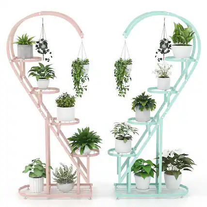 Front. Costway - 5 Tier Metal Plant Stand Heart-shaped Shelf with Hanging Hook for Multiple Plants - Pink + Blue.