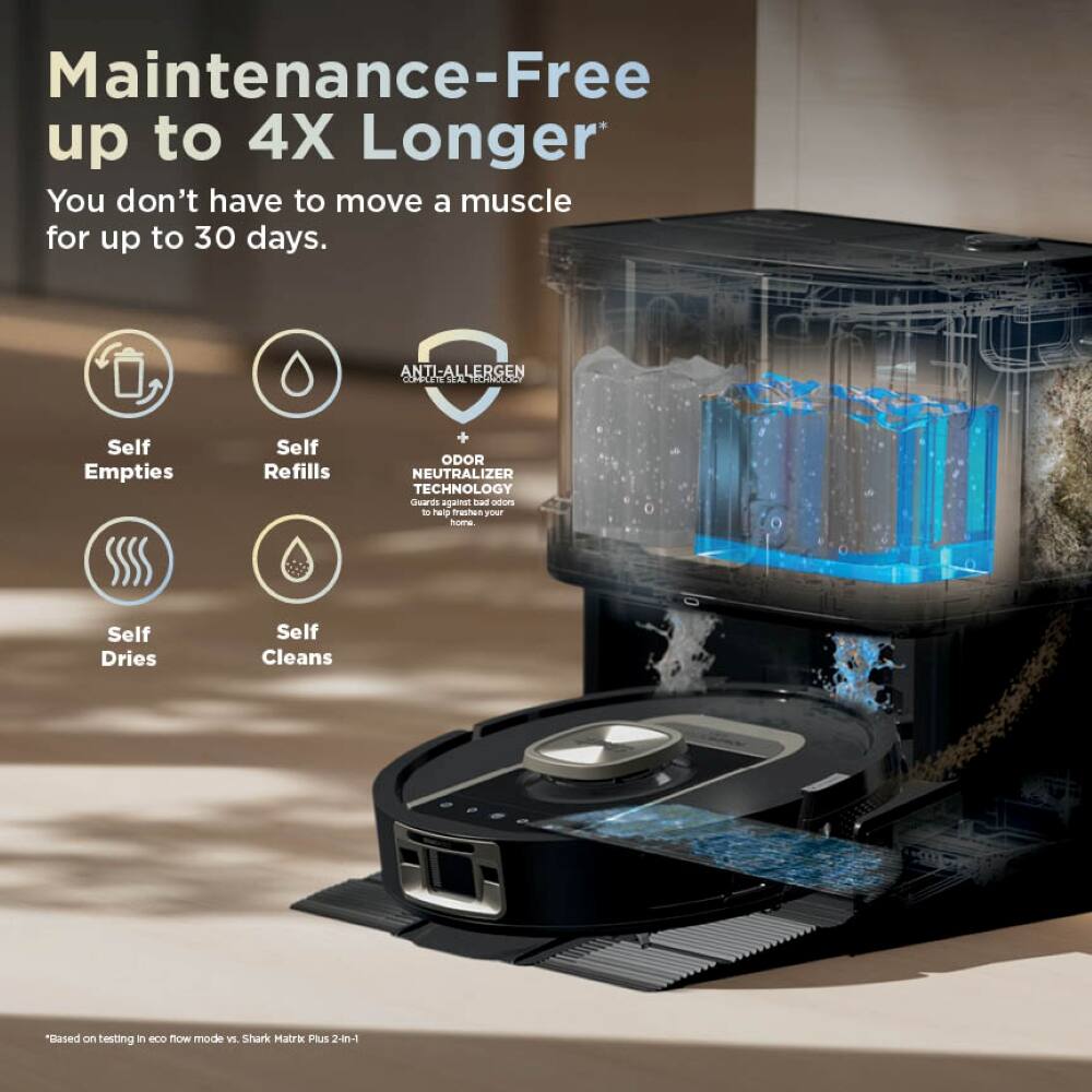 Maintenance-Free up to 4X Longer  
You don't have to move a muscle for up to 30 days.

- Self Empties
- Self Refills
- Self Dries
- Self Cleans

ANTI-ALLERGEN COMPLETE SEAL TECHNOLOGY

+ ODOR NEUTRALIZER TECHNOLOGY  
Guards against bad odors in your home.

*Based on testing in eco mode vs. Shark Matrix Plus 2-in-1