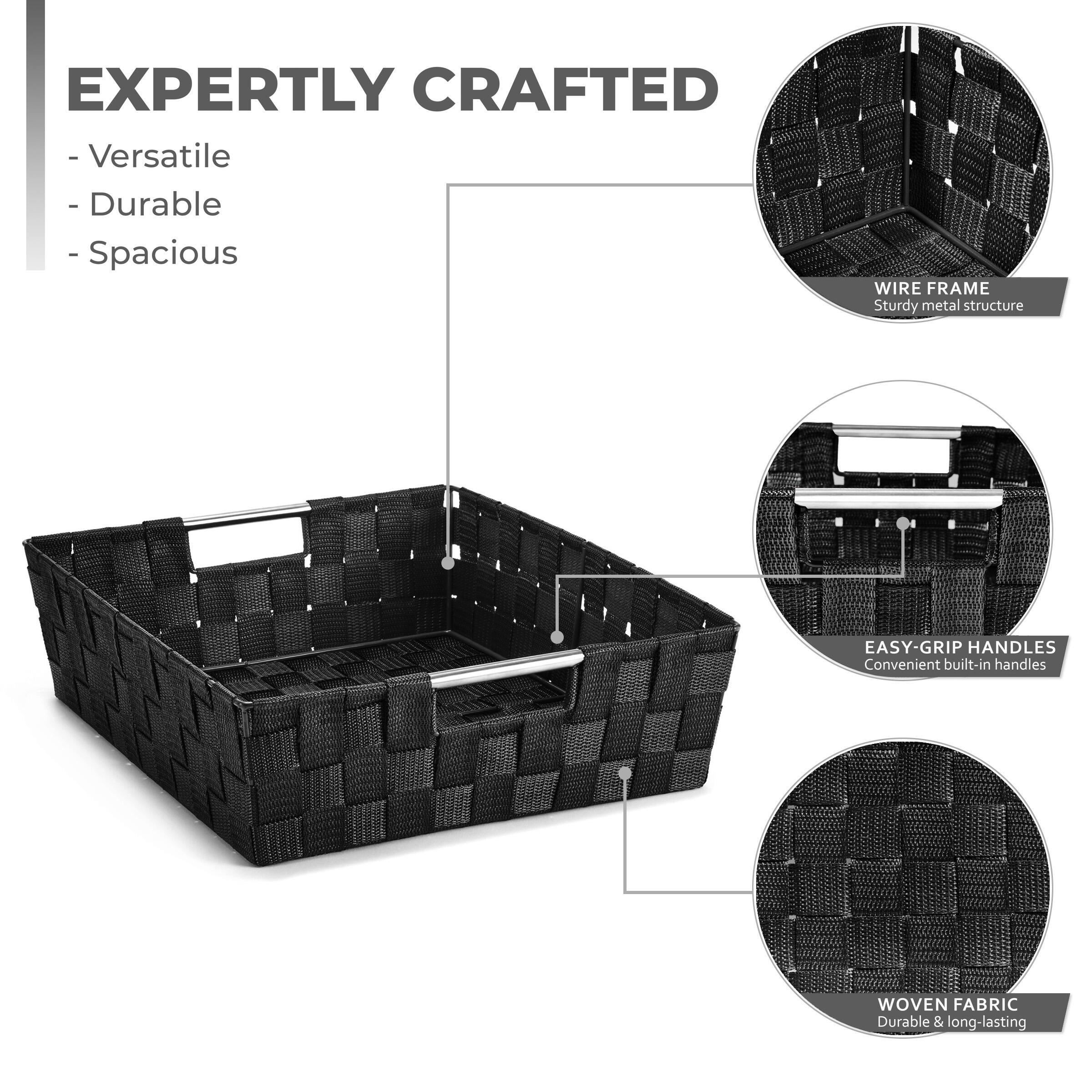 EXPERTLY CRAFTED  
- Versatile  
- Durable  
- Spacious  

WIRE FRAME  
Sturdy metal structure  

EASY-GRIP HANDLES  
Convenient built-in handles  

WOVEN FABRIC  
Durable & long-lasting