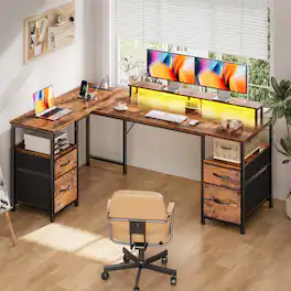 Furnulem - L Shaped Computer Desk with File Drawers Power Outlets LED Lights Reversible Corner Gaming Table with Monitor Stand - Brown