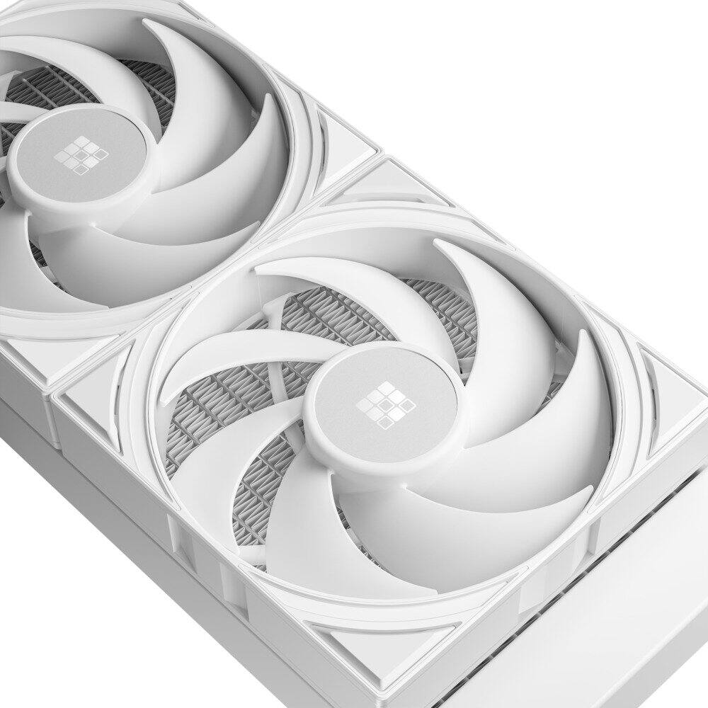 Angle. Sudokoo - NEXAURA 240 WH Liquid Cooler, 240mm, PWM Pump, 2500-3600RPM, Diamond Glow ARGB Pump Head, Fluid Dynamic Bearing Fans - White.