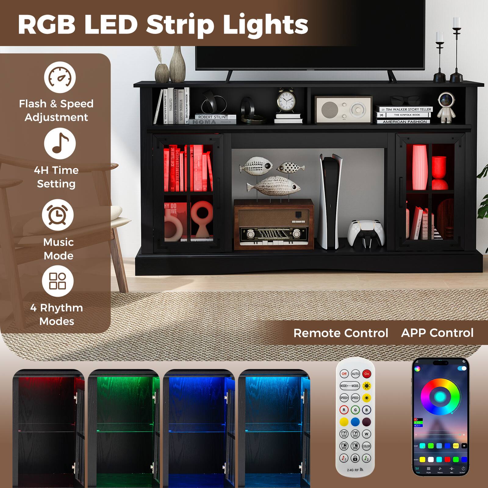 RGB LED Strip Lights
Flash & Speed Adjustment
4H Time Setting
Music Mode
4 Rhythm Modes
Remote Control
APP Control