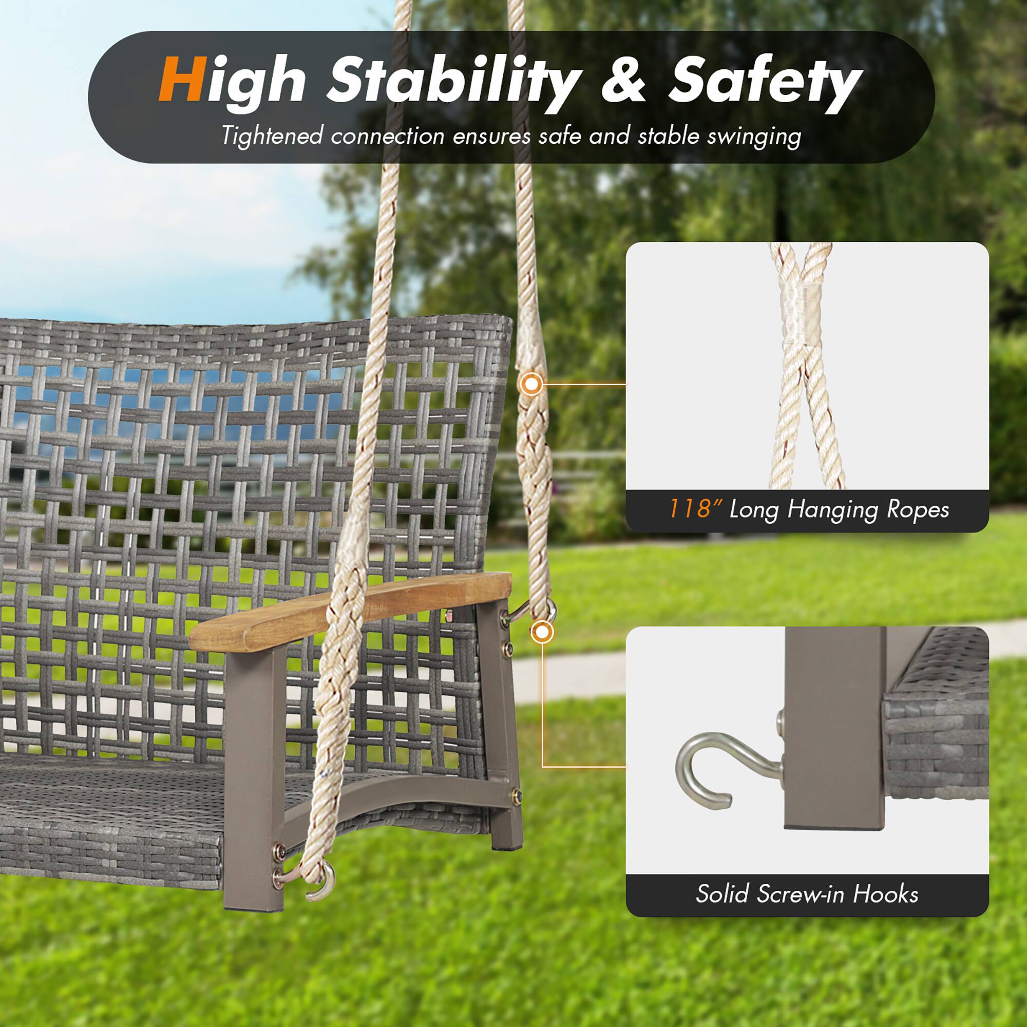 High Stability & Safety

Tightened connection ensures safe and stable swinging

118" Long Hanging Ropes

Solid Screw-in Hooks