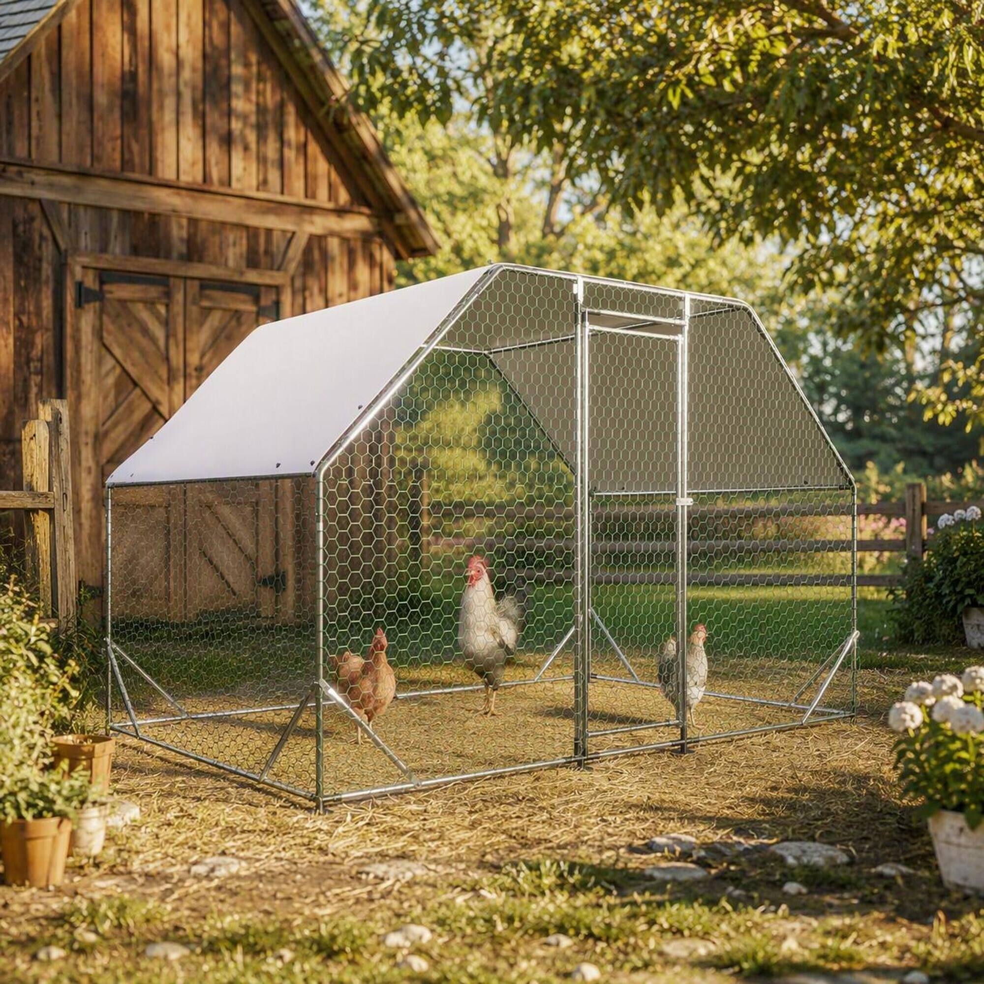 Back. RYHNUYNE - Walk-in Chicken Coop, Galvanized Metal Poultry Cage Run with Waterproof Cover, UV-Resistant Tarp & Secure Lockable Door.