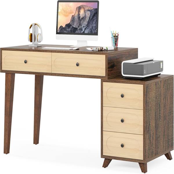 Front. SlickBlue - Modern Computer Desk with 5 Drawers, Large Worktop Writing Desk for Home Office - Brown.