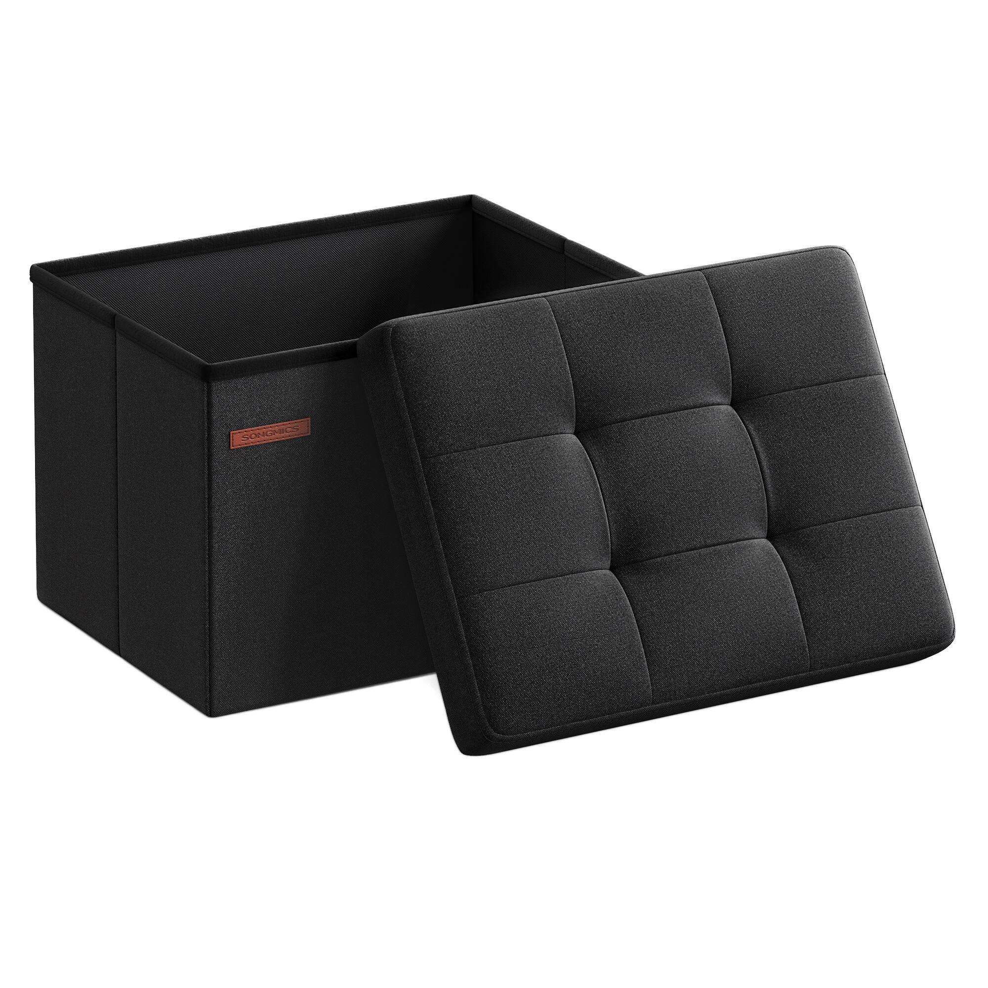Songmics Home - Small Folding Storage Ottoman, Foot Rest Stool, 12.2 x 16.1 x 12.2 Inches, 286 lb Load Capacity - Ink Black