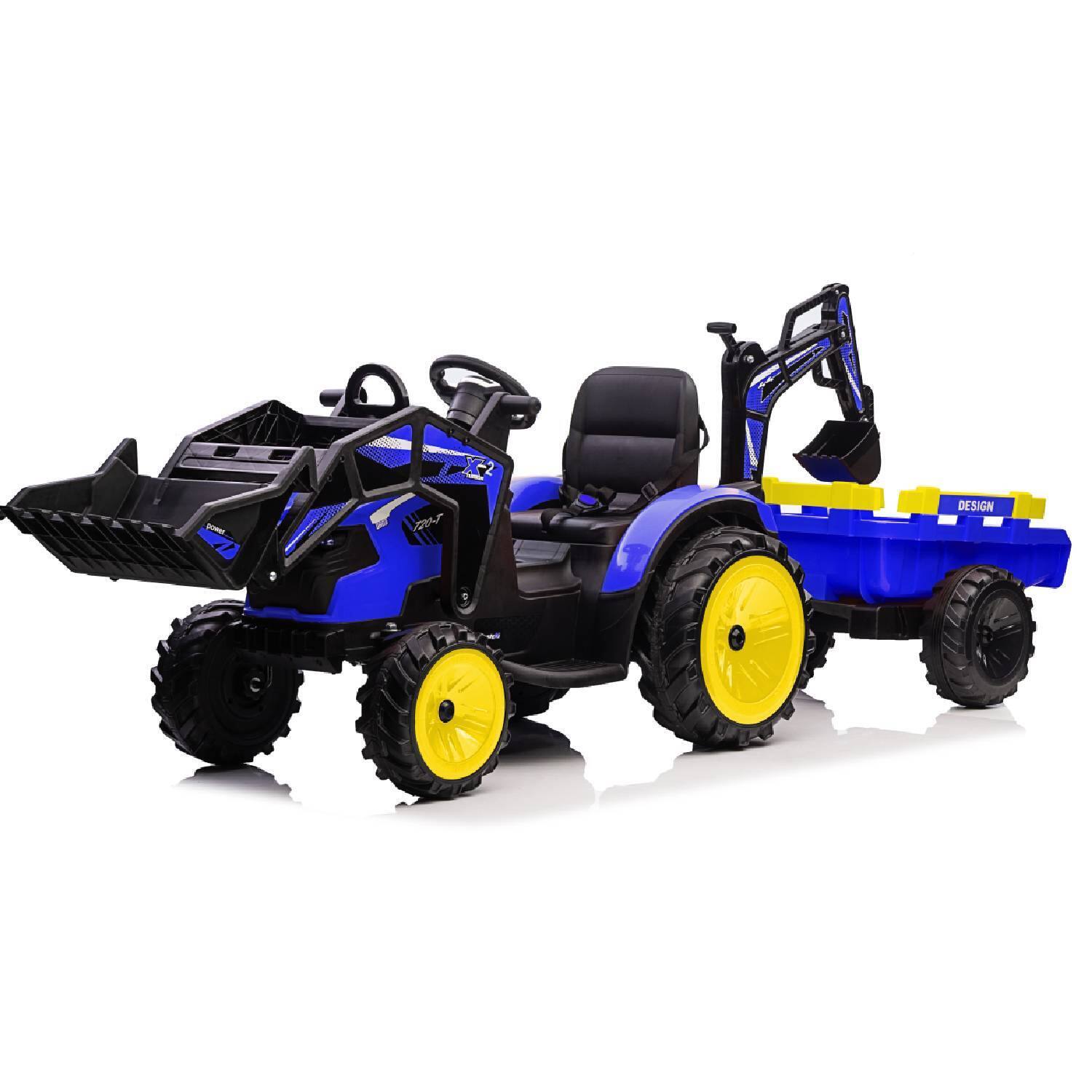 Front. Qeetex - 24V Electric 4-in-1 Ride on Tractor Toys with Trailer for Kids Best Gift, Blue - Blue.