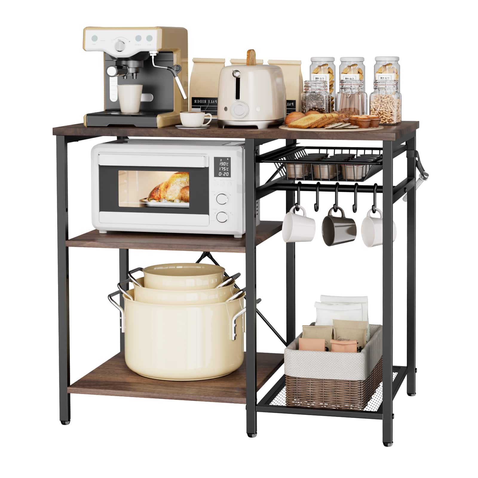 VEVOR - Kitchen Bakers Rack, 35.4 inch Width Bakers Rack, Kitchen Stand with X-Shaped Support Bar, 5 S-Shaped Hooks - Walnut Wood + Black Iron Tube