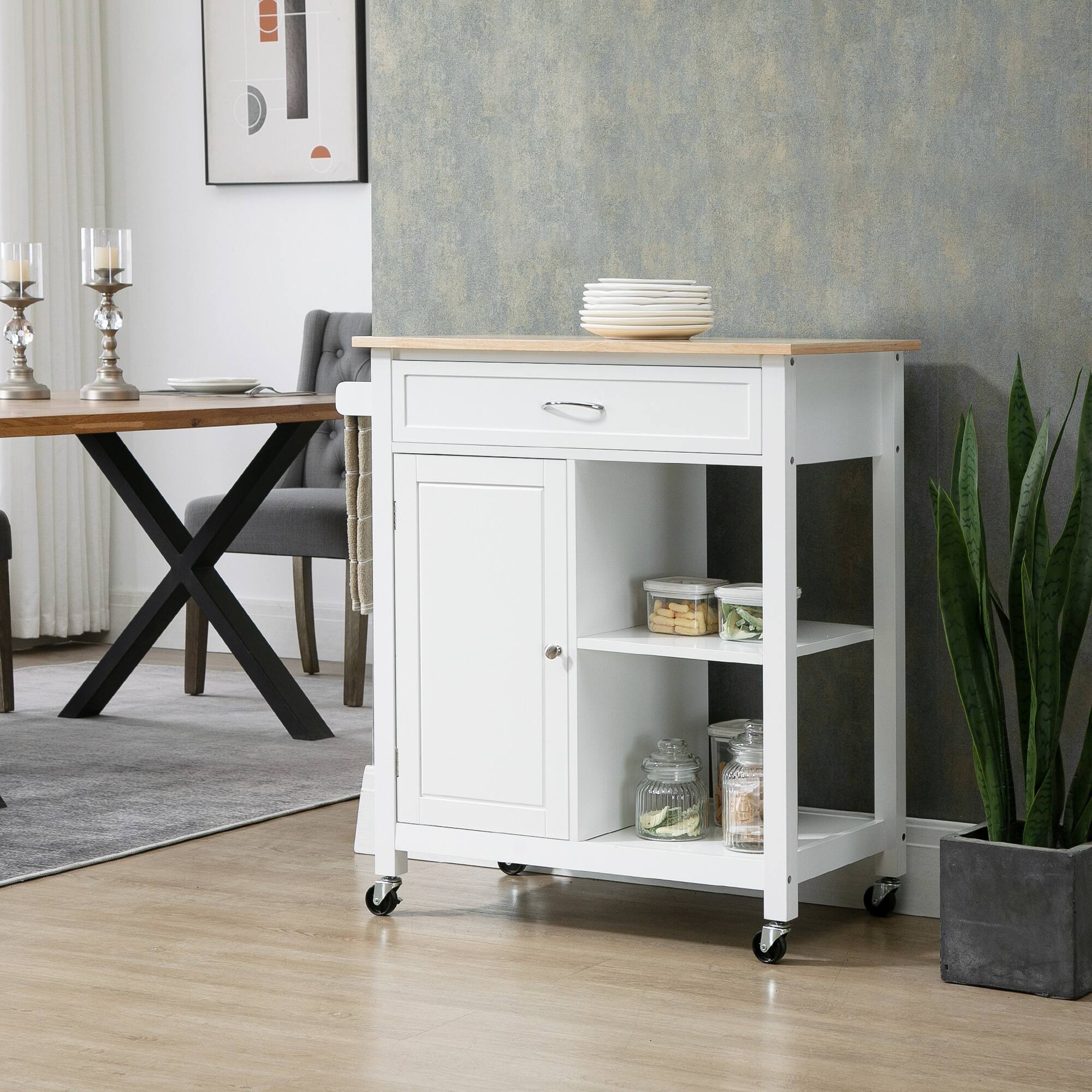 Alt View 1. Homcom - Kitchen Island Cart, Rolling Kitchen Island with Storage Shelf, Solid Wood Top, Drawer, for Dining Room - White.