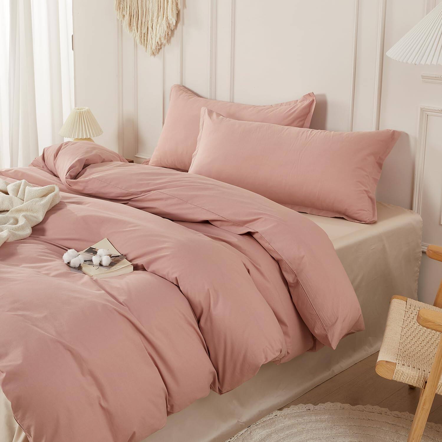 Earthley Blooms - Washed Cotton Duvet Cover Set Linen Like Comforter With Zipper Closure Corner Ties no Comforter - Dusty Rose-Queen