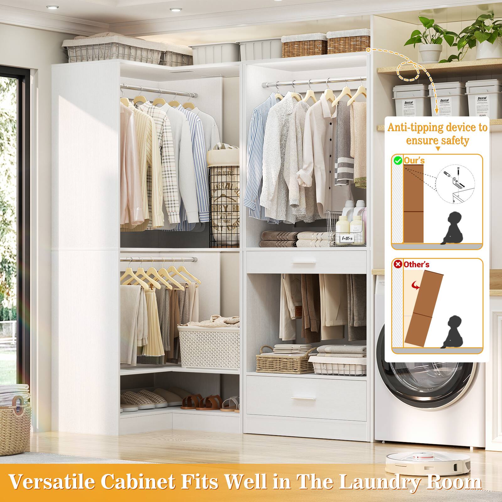 Anti-tipping device to ensure safety  
Our's  
Other's  

Versatile Cabinet Fits Well in The Laundry Room