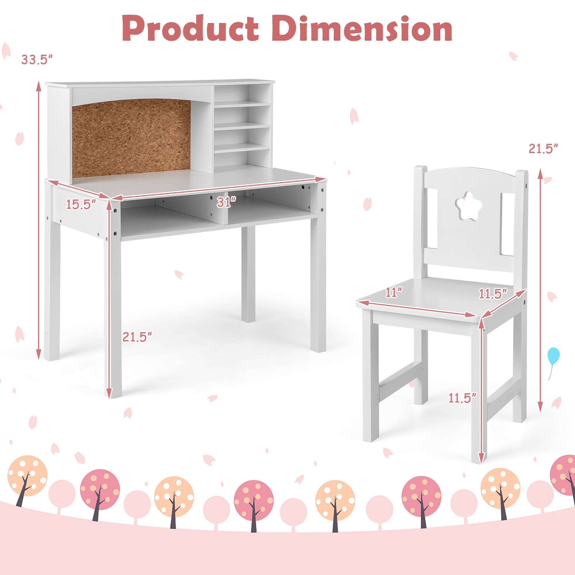 Product Dimension

- Table: 33.5" (height), 21.5" (width), 15.5" (depth), 31" (length)
- Chair: 21.5" (height), 11" (seat width), 11.5" (seat depth), 11.5" (leg height)
