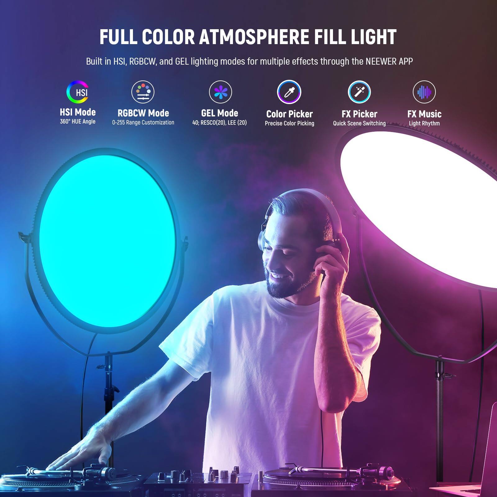 FULL COLOR ATMOSPHERE FILL LIGHT

Built in HSI, RGBCW, and GEL lighting modes for multiple effects through the NEEWER APP

- HSI Mode: 360° HUE Angle
- RGBCW Mode: 0-255 Range Customization
- GEL Mode: 40; RESCO(20), LEE (20)
- Color Picker: Precise Color Picking
- FX Picker: Quick Scene Switching
- FX Music: Light Rhythm