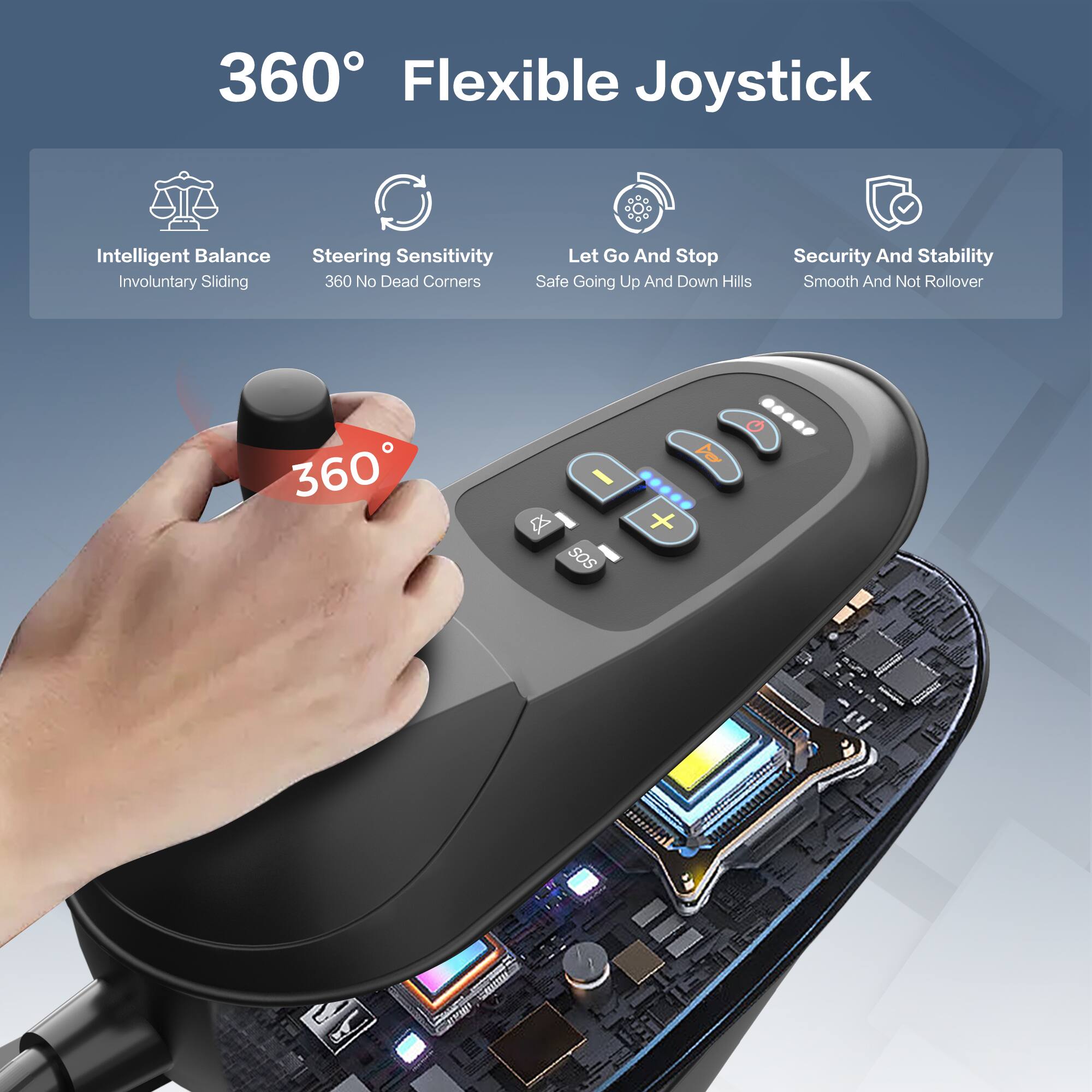 360° Flexible Joystick
Intelligent Balance
Steering Sensitivity
Involuntary Sliding
360° No Dead Corners
Let Go And Stop
Safe Going Up And Down Hills
Security And Stability
Smooth And Not Rollover