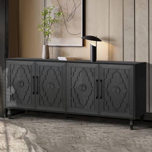 Angle. LUCKY ONE - Freestanding Large Storage Cabinet with Carved Flower Door Metal Handle for Living Room Kitchen Entryway - Black.